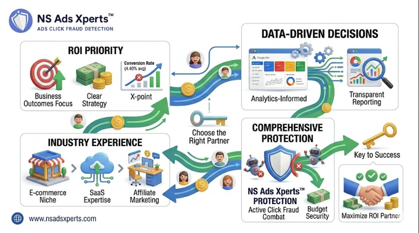 Diagram illustrating click fraud prevention with NS Ads Xperts software