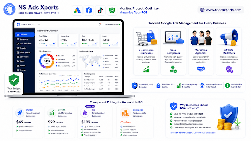NS Ads Xperts dashboard showing click fraud detection and ad optimization