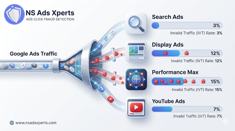 Chart showing invalid traffic rates in Google Ads by campaign type