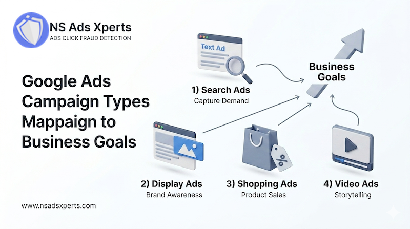 Google Ads campaign types and targeting options diagram