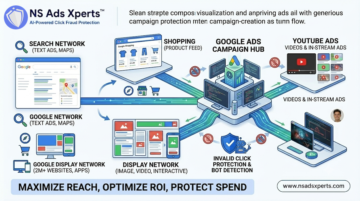 Google Ads ecosystem diagram with adwords components